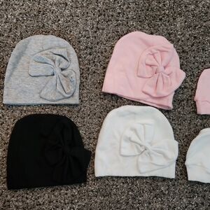Kids Bow Beanie Set - Gray, Pink, Black, White